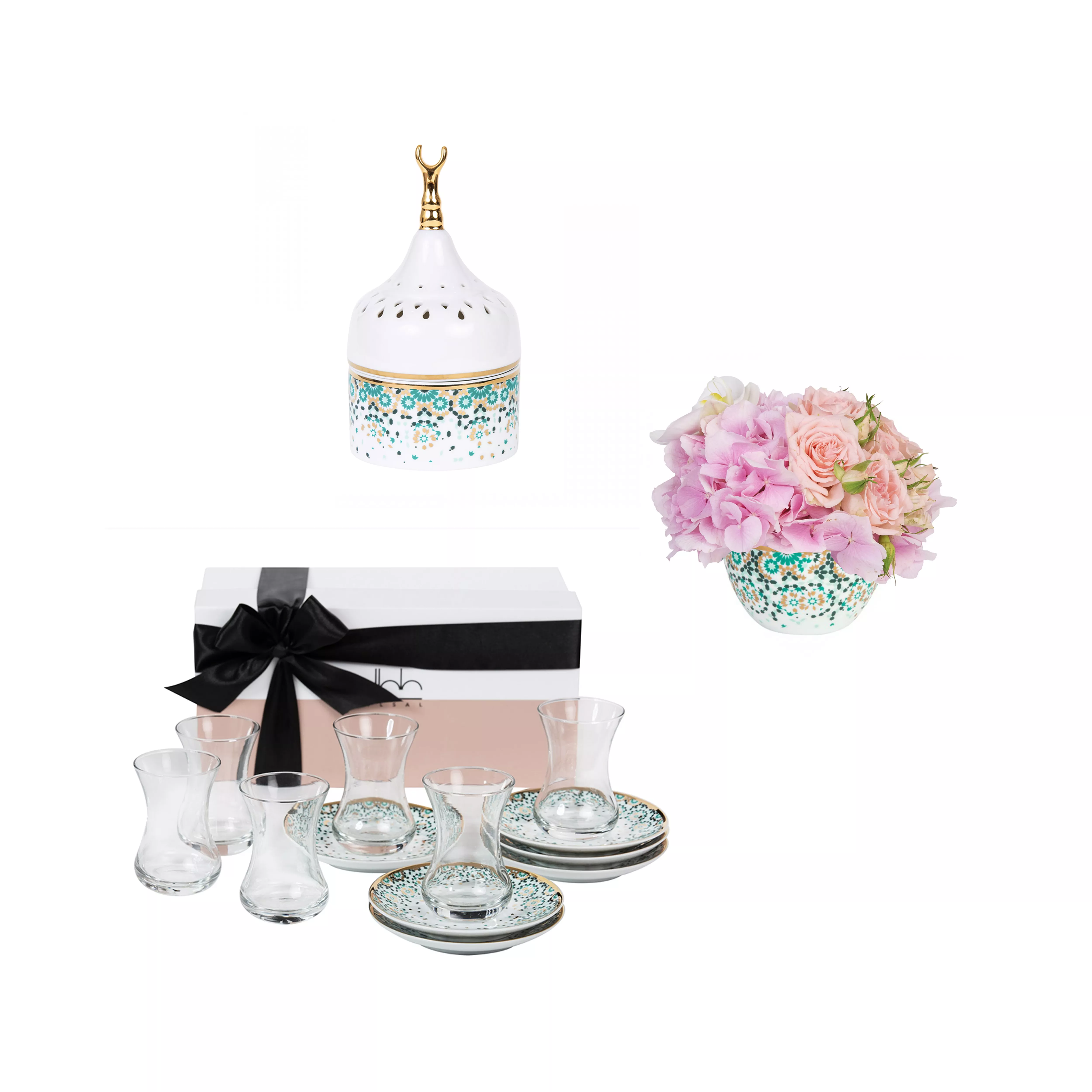 - Emerald Gift Box - Tea Cups + Bowls + Crescent (set for 6)