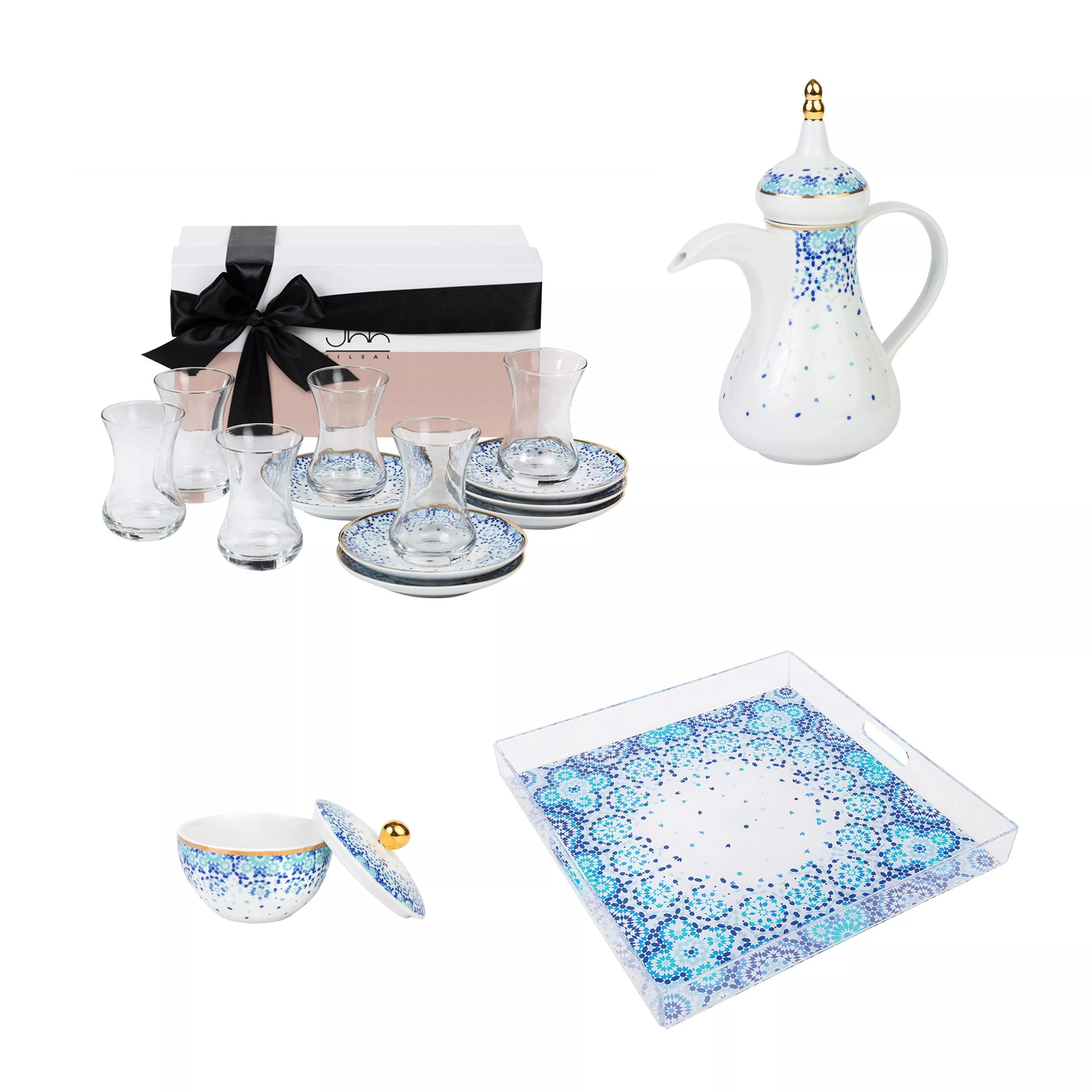 - Mirror Gift Box - Arabic Coffee Dallah + TeaCups + Sugar Bowl + Tray (set for 6)