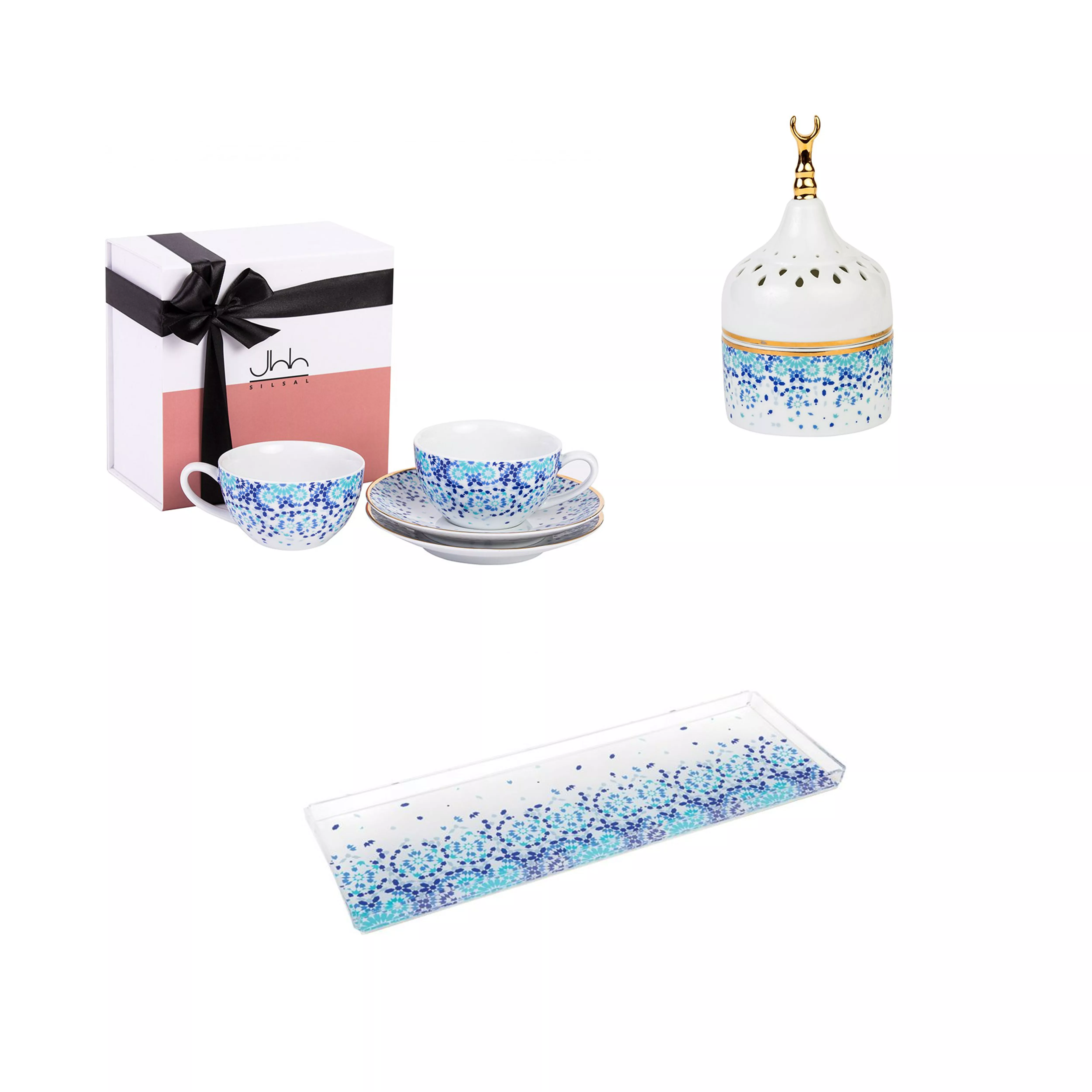 - Mirror Gift Box - TeaCups + Crescent Mabkhara + Tray (set for 2)