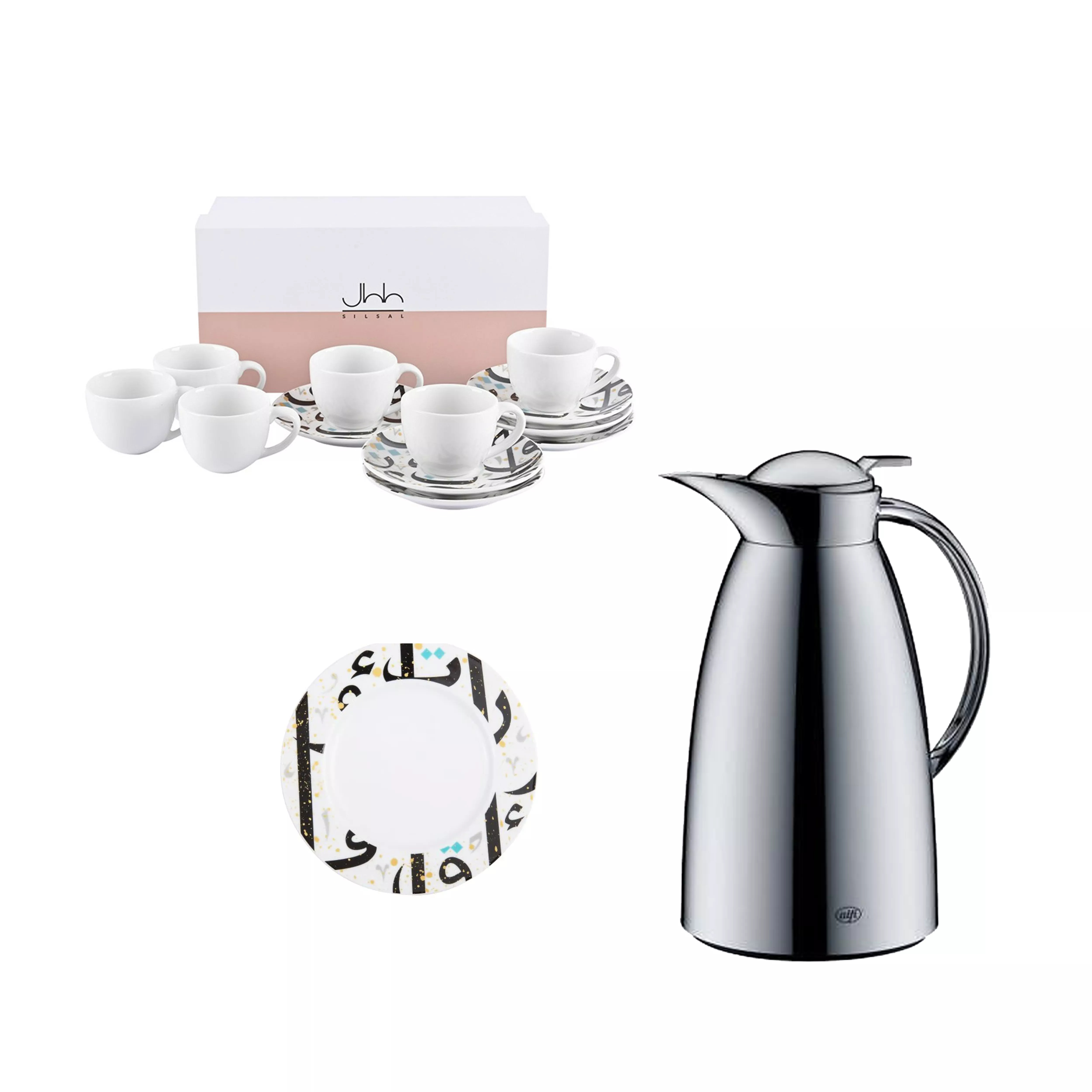 - Tarateesh Gift Box Espresso Cups + Arabic Vacuum Jug + Dessert Plates (Set for 6)